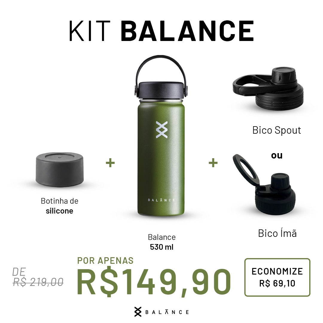 Kit Garrafa Térmica Balance 530ml + Botinha de Silicone + Tampa Bico Magnética (Imã) ou Bico Spout